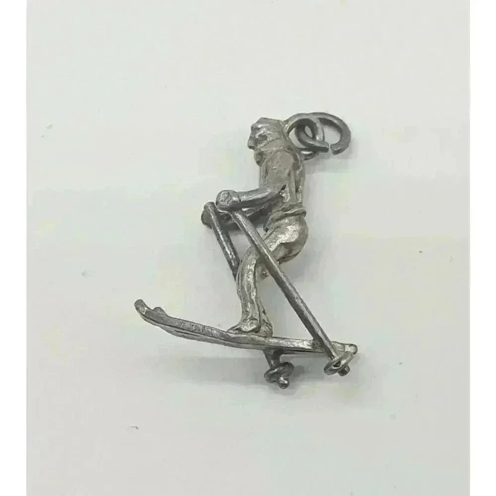 Vintage Ski Sterling Silver 925 Charm Skier Pendant Large 3D Figural Detailed